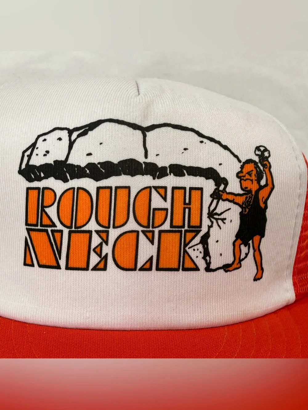 Vintage Capital 80s Rough Neck Cave Man Orange MeshBack SnapBack Trucker Hat Cap